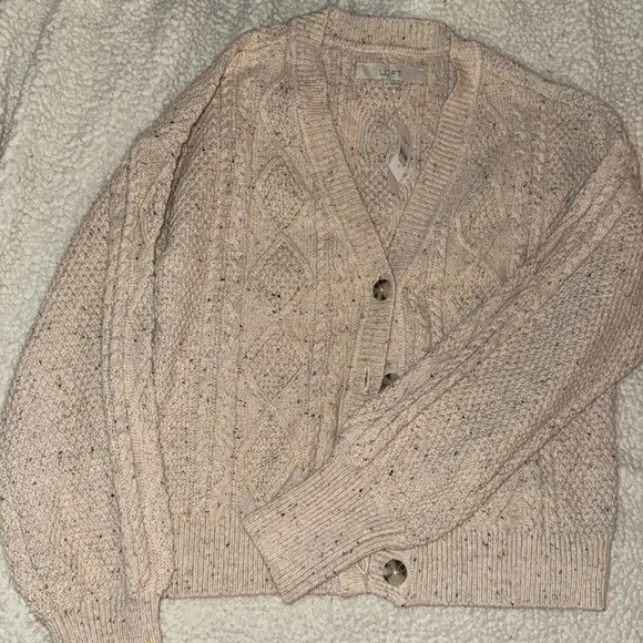 LOFT Beige Cable Knit speckled Cardigan Sweater - size Large - Picture 2 of 5
